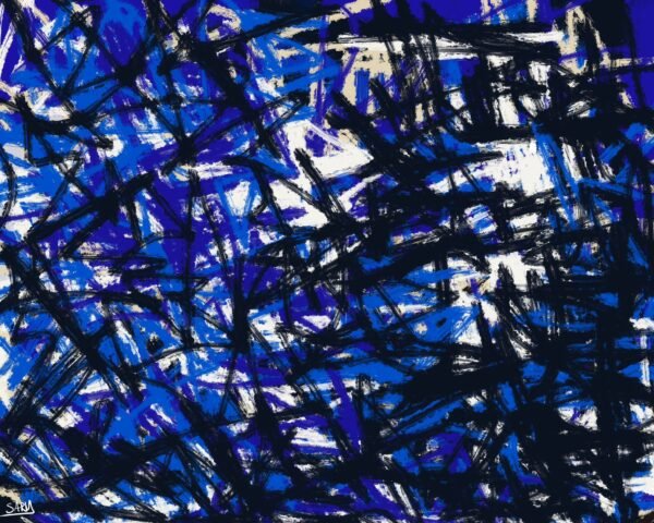 Modern textured expressionist canvas featuring vibrant blue chaos abstract art with dynamic brushstrokes, layered textures, and bold contemporary movement for luxury interior design.