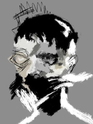 Abstract Expressionist Male Portrait – Modern Monochrome Art Abstract expressionist male portrait painting in black and white with expressive brushstrokes