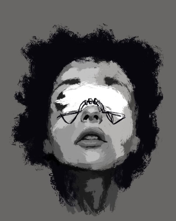 Black and white abstract portrait art with expressive texture and emotional depth