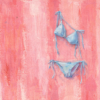 Blush Summer Bikini Wall Art – Aesthetic Teen Girl Pink Canvas Painting Blush summer bikini wall art featuring a minimal blue bikini on a textured pink background, aesthetic teen girl pink canvas painting for modern bedroom decor