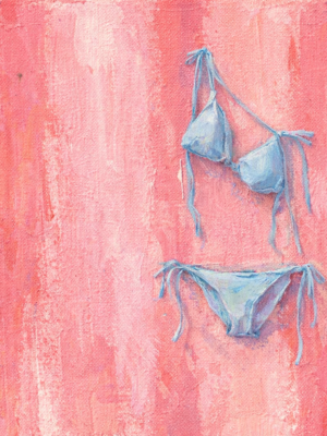 Blush Summer Bikini Wall Art – Aesthetic Teen Girl Pink Canvas Painting Blush summer bikini wall art featuring a minimal blue bikini on a textured pink background, aesthetic teen girl pink canvas painting for modern bedroom decor