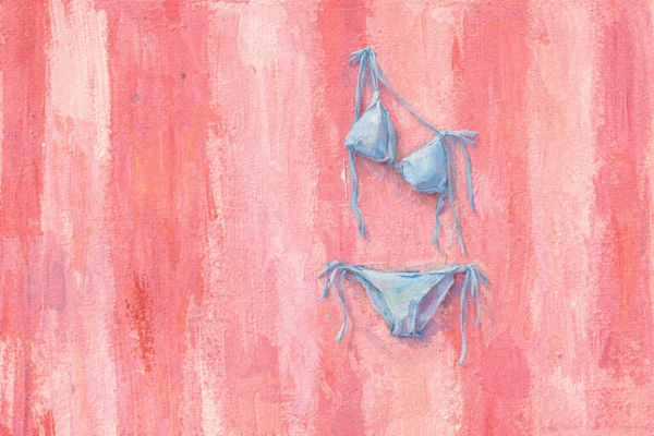 Blush Summer Bikini Wall Art – Aesthetic Teen Girl Pink Canvas Painting Blush summer bikini wall art featuring a minimal blue bikini on a textured pink background, aesthetic teen girl pink canvas painting for modern bedroom decor
