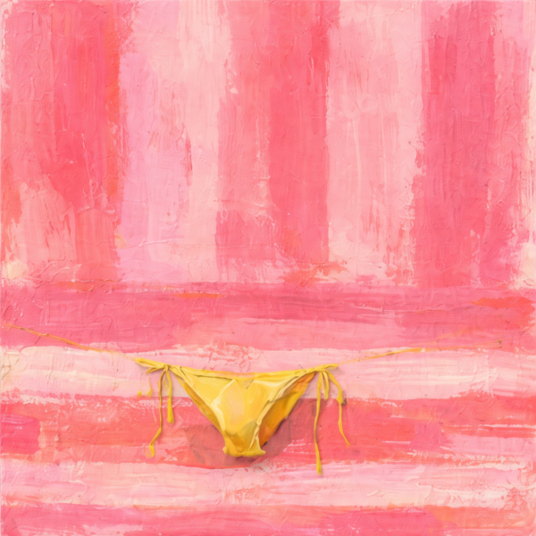 Yellow Bikini on Pink Textured Background – Modern Pop Summer Canvas Modern pop summer canvas wall art featuring a yellow bikini on a pink textured background with layered brush strokes.