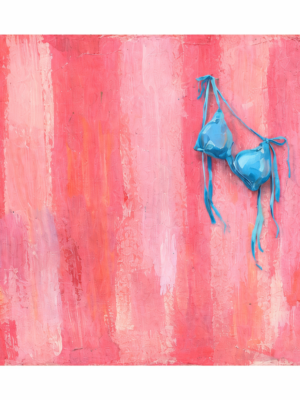 Modern pink pop summer canvas wall art featuring a blue bikini top on a textured pink background with layered brush strokes.