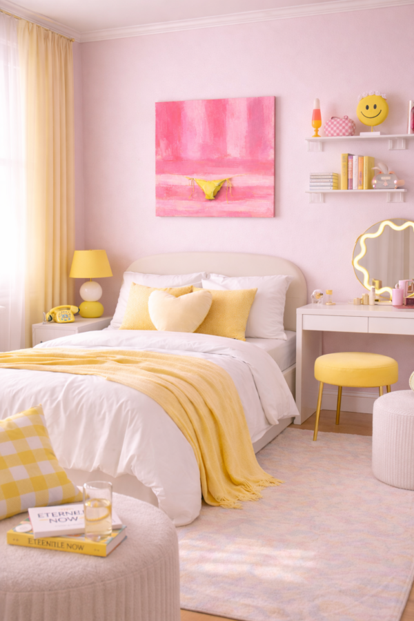 Bikini yello bottom scene 1 top Modern Pop Summer Canvas Wall Art – Yellow Bikini on Pink Textured Background - #1E