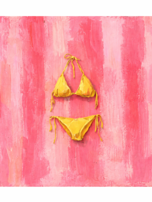 Butter yellow bikini wall art on textured pink background, trendy aesthetic canvas painting for teen girl bedroom decor.