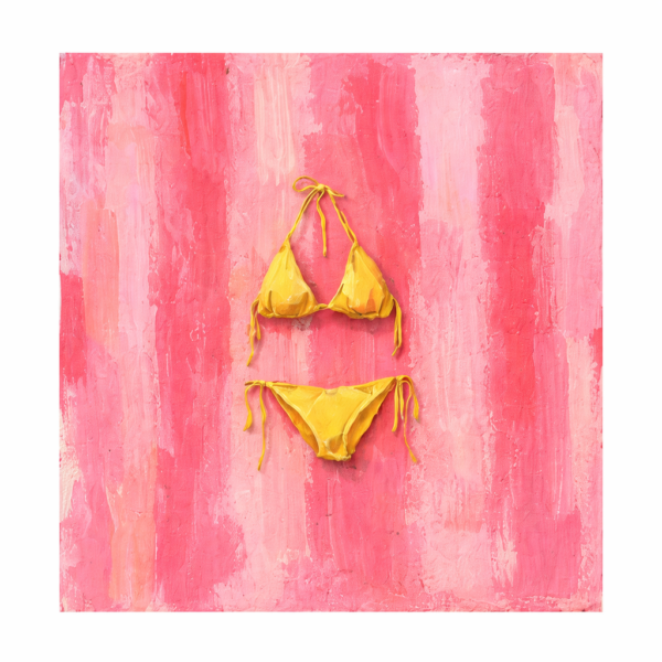 Butter Yellow Bikini Wall Art – Trendy Pink Aesthetic Canvas for Teen Girls Butter yellow bikini wall art on textured pink background, trendy aesthetic canvas painting for teen girl bedroom decor.