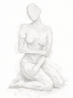 Contemporary White Nude Art – Elegant Textured Female Figure Canvas Contemporary white nude art with textured female figure seated in minimalist monochrome canvas for modern interiors.