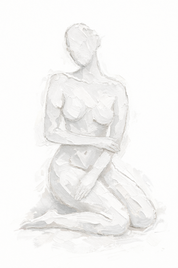 Contemporary White Nude Art – Elegant Textured Female Figure Canvas Contemporary white nude art with textured female figure seated in minimalist monochrome canvas for modern interiors.