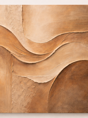 Textured abstract canvas in warm beige and terracotta featuring sculptural plaster waves and geometric earth tone forms in a square modern wall art design.