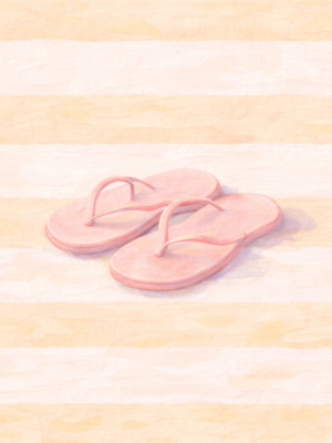 Minimal Pastel Beach Flip Flops – Soft Pink Summer Stripes Canvas for Teen Room Decor Minimal pastel beach flip flops wall art with soft pink sandals on yellow and white summer stripes canvas, perfect for luxury teen room decor.