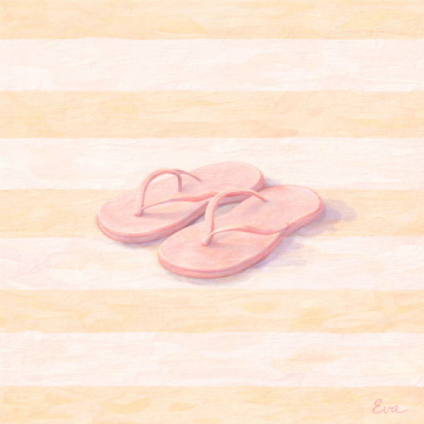 Minimal pastel beach flip flops wall art with soft pink sandals on yellow and white summer stripes canvas, perfect for luxury teen room decor.