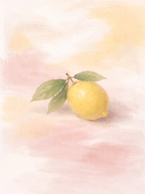 Pastel lemon painting with soft pink and yellow background, aesthetic teen room wall art featuring a single lemon with green leaves.