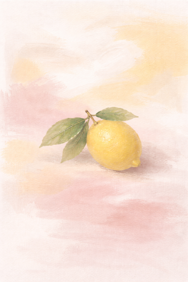 Sweet Summer Lemon Canvas – Soft Pink and Yellow Teen Room Decor Pastel lemon painting with soft pink and yellow background, aesthetic teen room wall art featuring a single lemon with green leaves.
