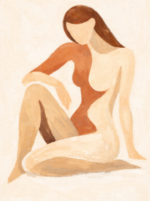 Modern minimal nude woman wall art in warm earth tones featuring a stylized seated female figure on neutral background.