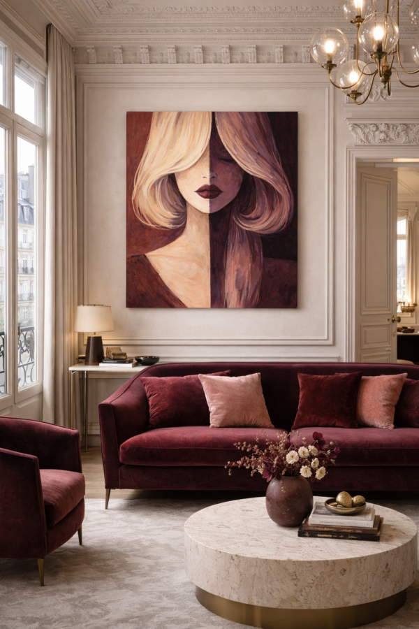 Large Modern Abstract Portrait – Split Face Woman in Plum and Caramel Tones - #18L