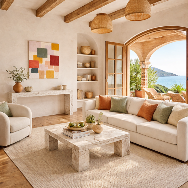 Quadri spain scene Modern Abstract Square Wall Art – Colorful Textured Canvas in Ochre, Coral, Sage and Blush - 25"