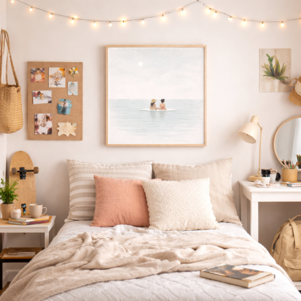 Minimal Coastal Summer Wall Art – Two Girls on Surfboard Ocean Canvas - 28"