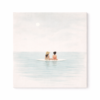 Minimal coastal summer wall art featuring two girls sitting on a surfboard in calm pastel ocean water, square canvas format