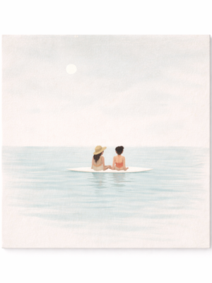 Minimal coastal summer wall art featuring two girls sitting on a surfboard in calm pastel ocean water, square canvas format