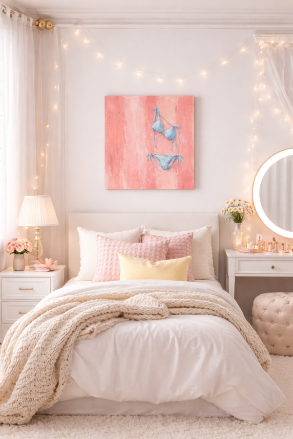 bikini celeste scene 1 Blush Summer Bikini Wall Art – Aesthetic Teen Girl Pink Canvas Painting - #3E