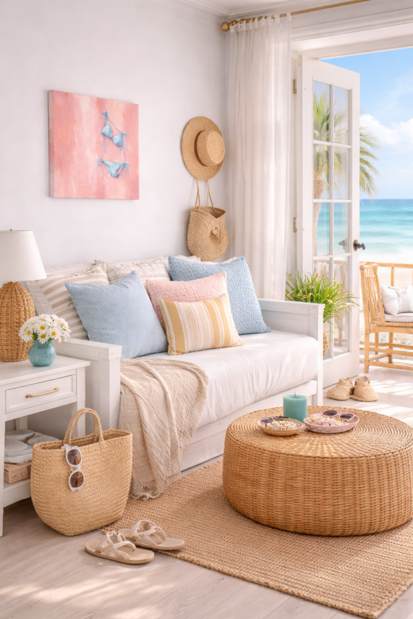 bikini celeste scene 3 Blush Summer Bikini Wall Art – Aesthetic Teen Girl Pink Canvas Painting - #3E