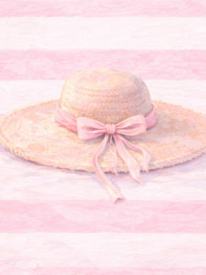 Pastel Pink Stripe Summer Hat Minimal Beach Chic Canvas Pastel pink striped canvas painting featuring a straw summer hat with blush ribbon in a minimal beach chic style for teen girls bedroom decor