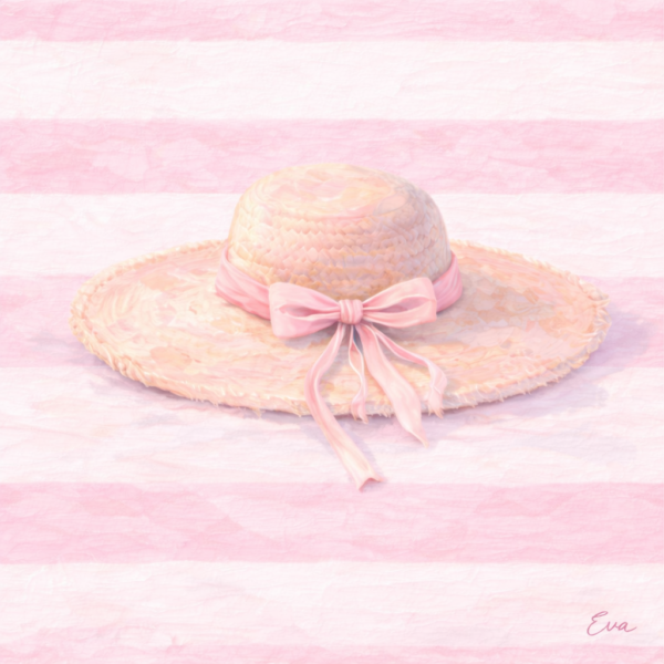 Pastel Pink Stripe Summer Hat Minimal Beach Chic Canvas Pastel pink striped canvas painting featuring a straw summer hat with blush ribbon in a minimal beach chic style for teen girls bedroom decor
