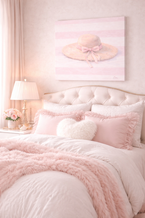 cappello scene 2 Pastel Pink Stripe Summer Hat Canvas – Minimal Beach Chic Wall Art for Teen Girls - #8E