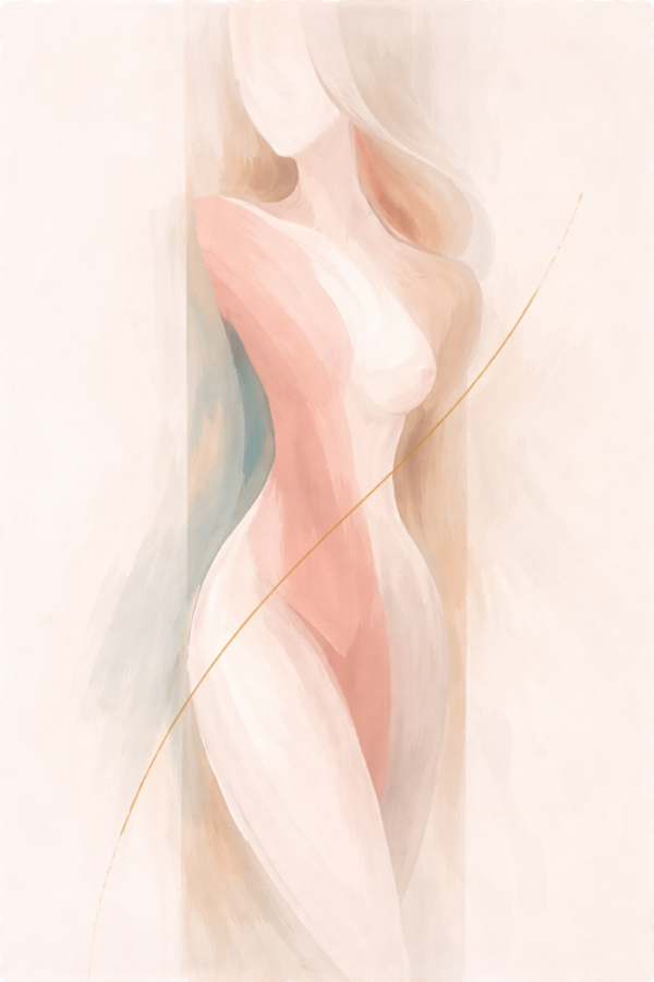 Large modern abstract nude woman painting in neutral blush beige tones, minimalist feminine wall art for contemporary luxury interiors.