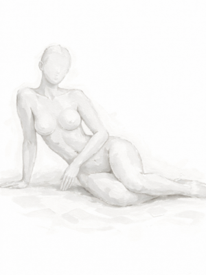 Minimalist nude woman canvas in soft white tones featuring a reclining female figure in elegant contemporary figurative style