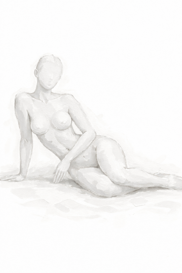 Minimalist nude woman canvas in soft white tones featuring a reclining female figure in elegant contemporary figurative style