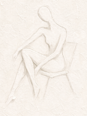 Luxury minimalist nude woman wall art featuring a white textured figurative canvas with a seated female silhouette in a modern neutral style.