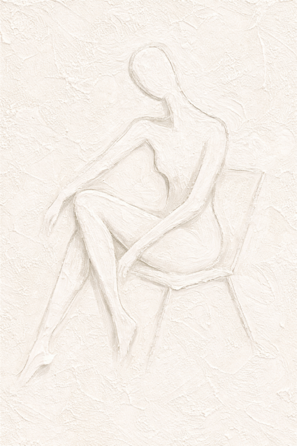 Luxury minimalist nude woman wall art featuring a white textured figurative canvas with a seated female silhouette in a modern neutral style.