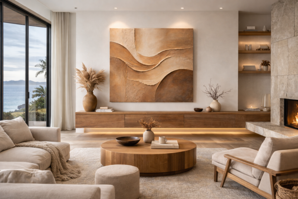 Modern Earth Tone Plaster Wall Art – Textured Abstract Canvas in Warm Beige and Terracotta - 40"