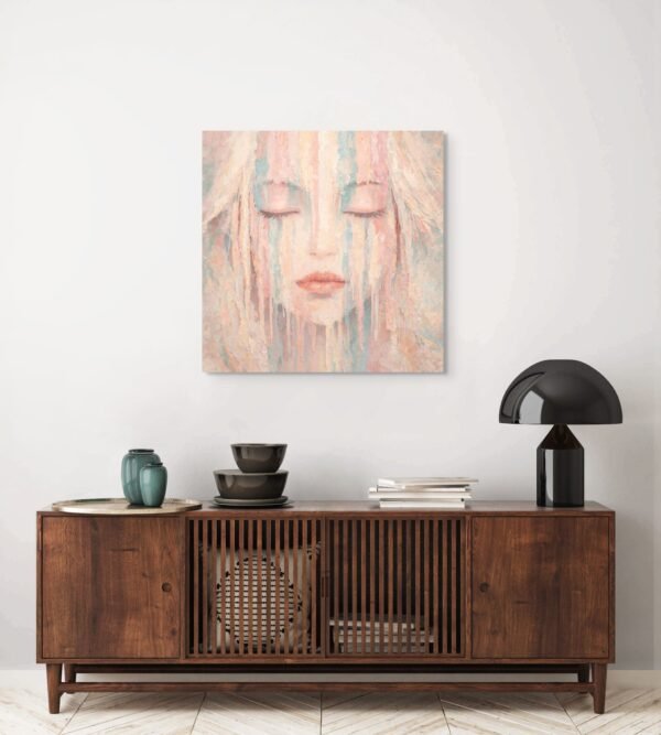 faccia_rosa (1) Large Pastel Abstract Portrait – Textured Modern Woman Face Wall Art - #17L