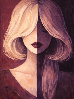 Split Face Woman Abstract Portrait Large modern abstract portrait of a woman with a vertically split face in plum and caramel tones