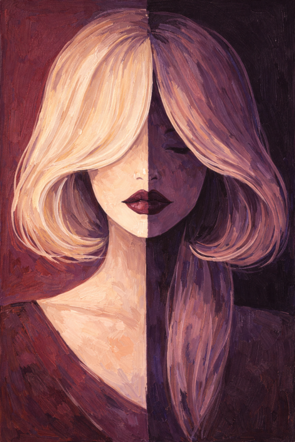 Large modern abstract portrait of a woman with a vertically split face in plum and caramel tones