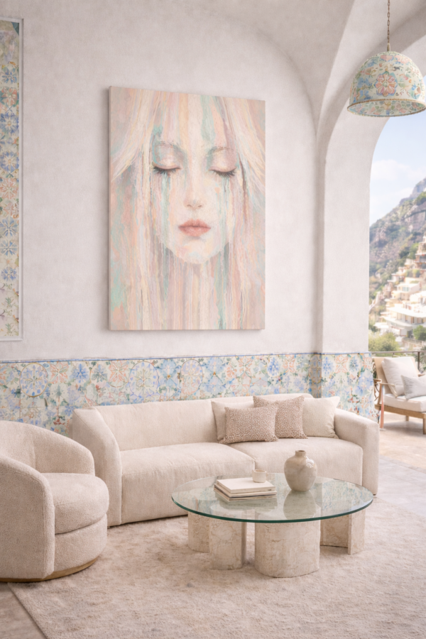 face pink vertical Large Pastel Abstract Portrait – Textured Modern Woman Face Wall Art - #17L