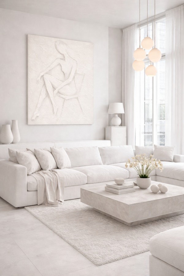 Luxury Minimalist Nude Woman Wall Art – White Textured Figurative Canvas for Modern Interiors - 24