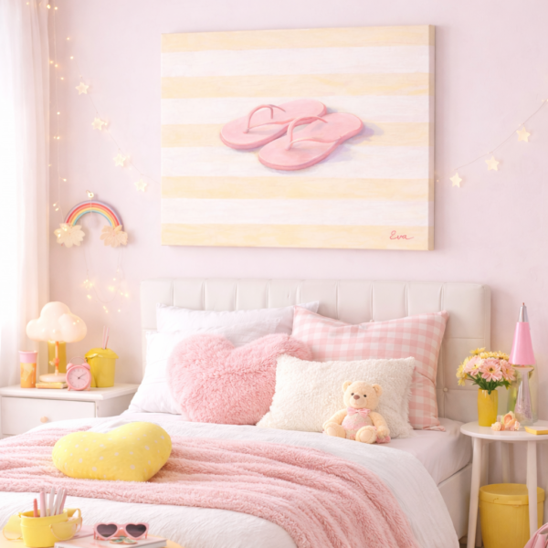 Minimal Pastel Beach Flip Flops Wall Art – Soft Pink Summer Stripes Canvas for Luxury Teen Room Decor - #7E