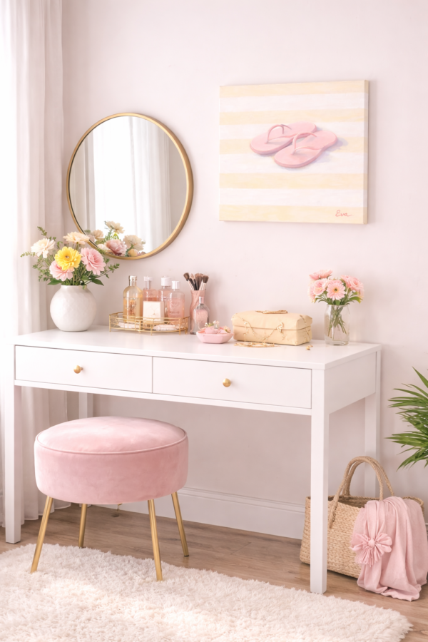 Minimal Pastel Beach Flip Flops Wall Art – Soft Pink Summer Stripes Canvas for Luxury Teen Room Decor - #7E