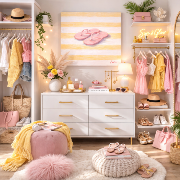 Minimal Pastel Beach Flip Flops Wall Art – Soft Pink Summer Stripes Canvas for Luxury Teen Room Decor - #7E