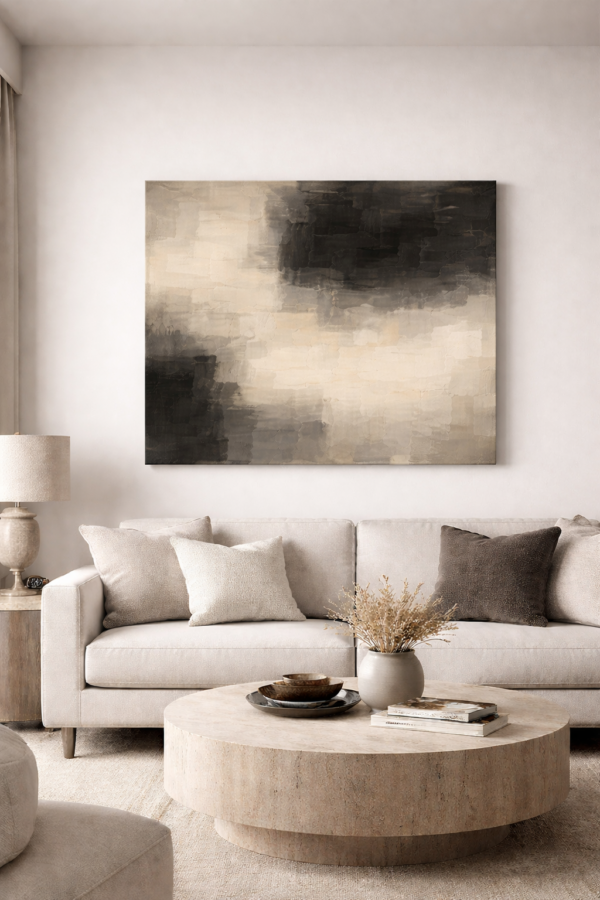 Modern Neutral Abstract Wall Art – Textured Beige, Taupe and Charcoal Canvas Painting for Luxury Interiors - 48"
