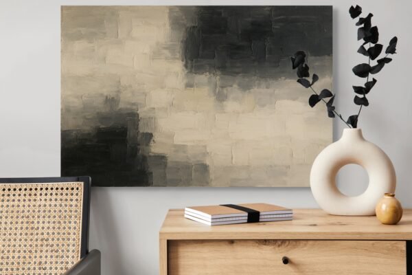 Modern Neutral Abstract Wall Art – Textured Beige, Taupe and Charcoal Canvas Painting for Luxury Interiors - 48"