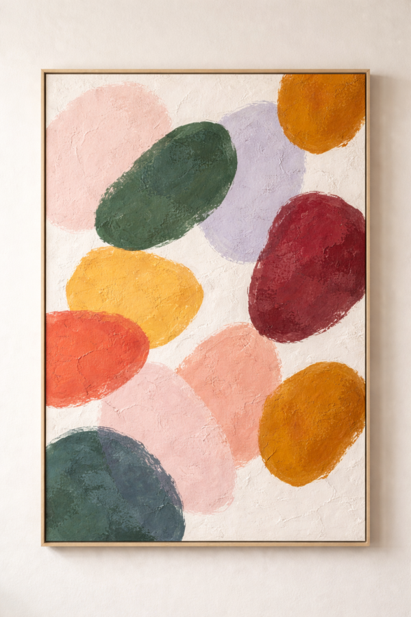 Modern Abstract Oval Wall Art in Ochre Coral Sage and Blush – Colorful Textured Canvas Modern abstract oval wall art with colorful textured canvas in ochre, coral, sage and blush tones on neutral background