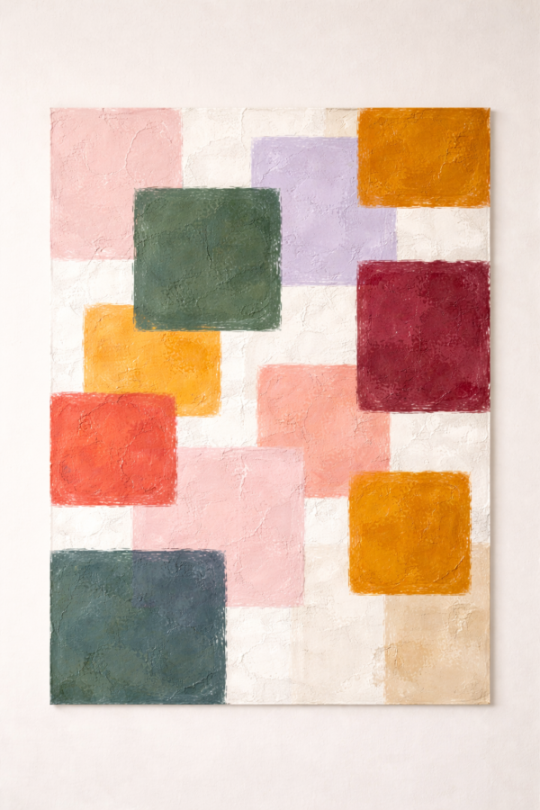 Modern Abstract Square Wall Art in Ochre Coral Sage and Blush – Colorful Textured Canvas Modern abstract square wall art with colorful textured canvas in ochre, coral, sage and blush tones on neutral background