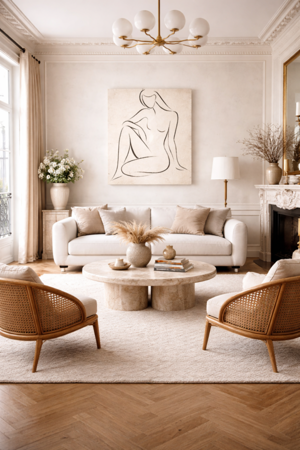 Parisienne Style Minimal Line Art – Textured Nude Woman Canvas for Elegant Interiors - 32"