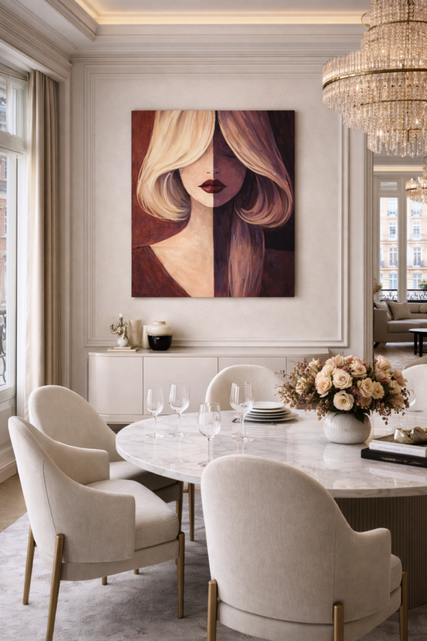 Large Modern Abstract Portrait – Split Face Woman in Plum and Caramel Tones - #18L