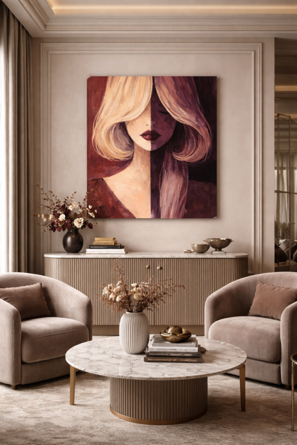 Large Modern Abstract Portrait – Split Face Woman in Plum and Caramel Tones - #18L